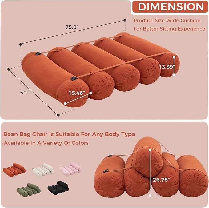 Ekskiei Bean Bag Sofa, Corduroy Sectional with Connecting Straps, Flexible Floor Seating, Soft Foam Filled Lounger, Non-Removable Cover, Reconfigurable Design,Living Room,Bedronm&Offices,Orange