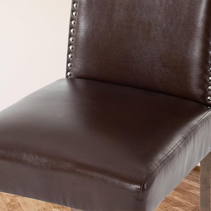 SNUGWAY Upholstered Dining Chair Stylish Parsons Kitchen High Back with Silver Nailhead Trim & Wood Legs, 4-Pack, PU Dark Brown