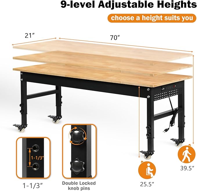 Betterhood 70" Adjustable Workbench on Wheels, 2000 LBS Heavy Duty Work Table with Power Outlets & Pegboard, Rubber Wood Workstation for Garage, Workshop, Office, Home, Commercial