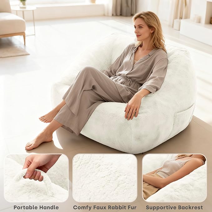 COSIEST Bean Bag Chair, Big Comfy Couch with Armrests, Furry Beanbag Chair with Foam Filler for Adults & Kids, Stuffed Accent Sofa for Reading, Lounge Floor Sofa for Living Room, Bedroom, Cream