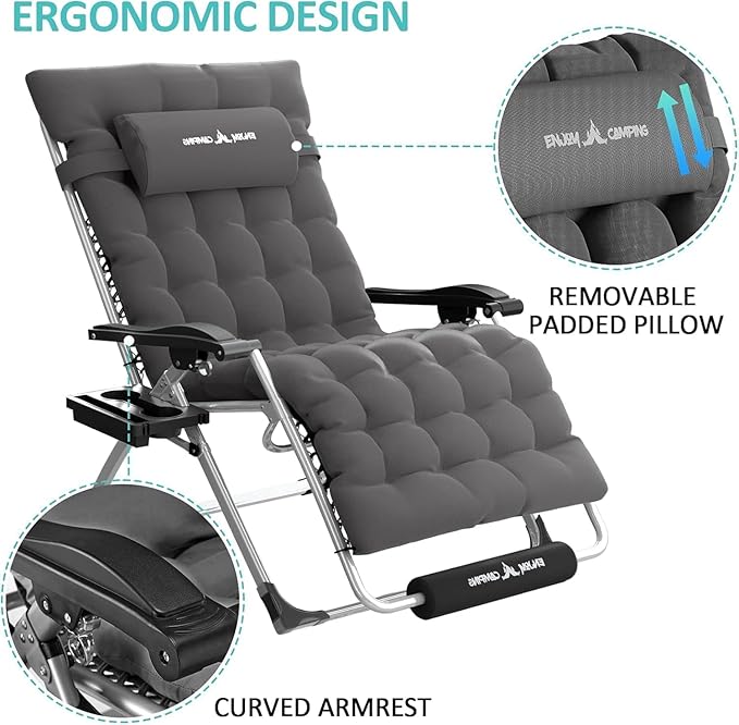 Amopatio Oversized Folding Zero Gravity Chair with Cushion for Indoor & Outdoor, XL Heavy Duty Patio Reclining Lounge Chairs with Tray/Footrest/Headrest