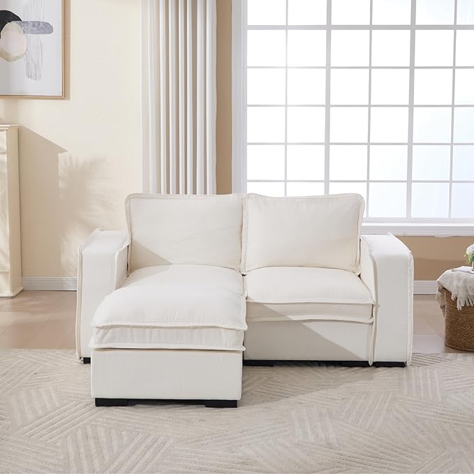 HEAY-YO 67 Inches Modern Modular Sectional Sofa,L Shape 2-Seater Comfy Couch with Moveable Ottoman,Floor Sofa for Living Room Bedroom Apartment,Linen White