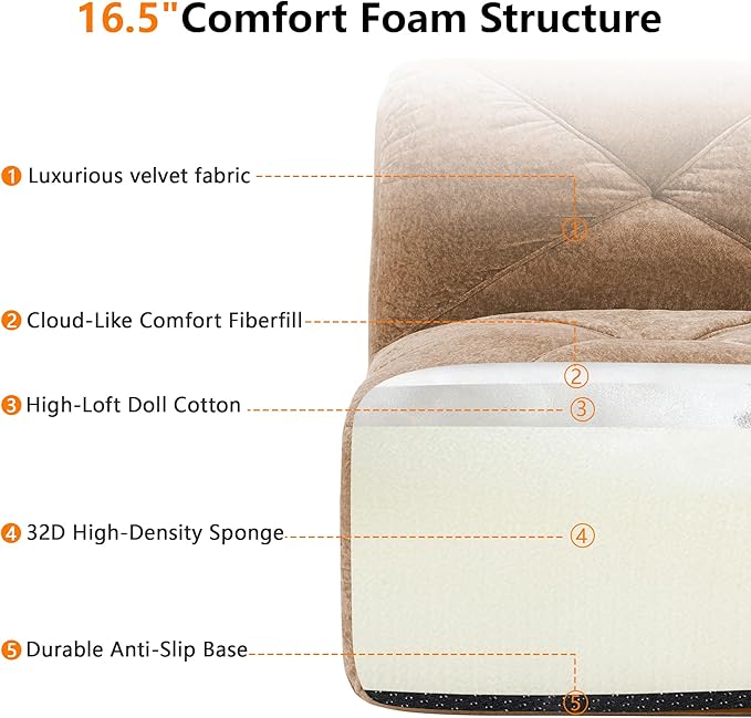 Modular Sectional Sofa with Free Combination,Boneless Floor Couch for Living Room & Lounge,Velvet 3-Seater Sectional Couch with 2 Ottomans,No Assembly Needed