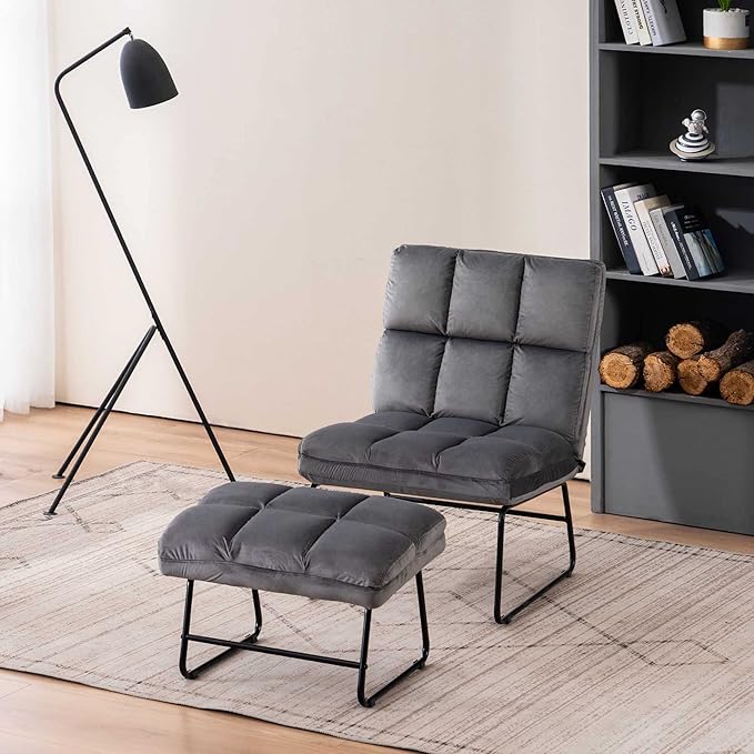 MCombo Velvet Accent Chair with Ottoman Set, Modern Armless Chair for Living Room, Bedroom, Small Spaces, Fabric 0014 (Dark Grey)