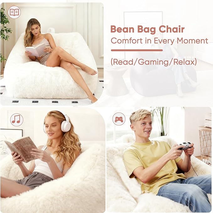 4FT Bean Bag Chair Giant Bean Bag Chairs for Adults Large Bean Chairs with Removable Cover, Beanbag Chair with Filler, Adult Bean Bag Chairs for Living Room, Bedroom Beige