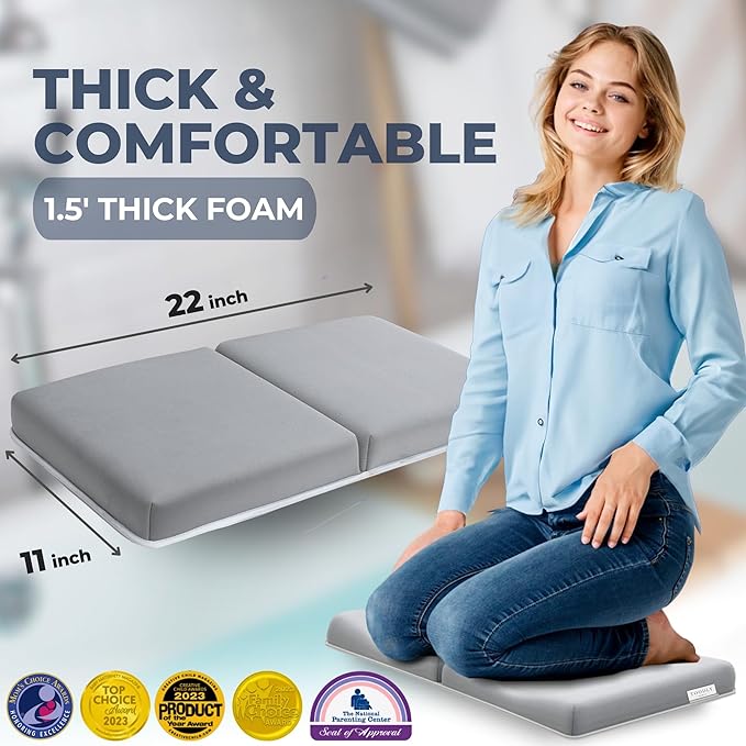Comfortable Baby Bath Kneeler and Elbow Rest Pad Set – Thick Memory Foam Bath Kneeling Pad with Elbow Support – Baby Bathtub Cushion with Toy Organizer for Bathing Infant or Toddler - Grey