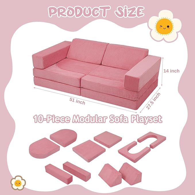 MeMoreCool 10-Piece Kids Modular Play Couch — Corduroy Convertible Foam Sofa Set for Building Forts, Lounging & Creative Play, Washable Covers, Child Room & Playroom Furniture, Pink