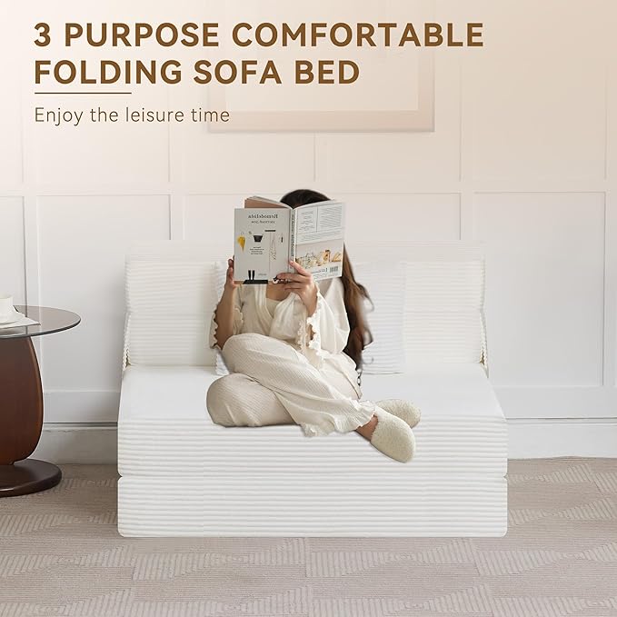 Folding Sofa Bed Convertible Floor Couch Foldable Chair Bed with Pillow，Linen Sleeper Chair Futon,Foldable Memory Foam Mattress for Bedroom/Living Room/Dorm/Office (Corduroy White, Standard)