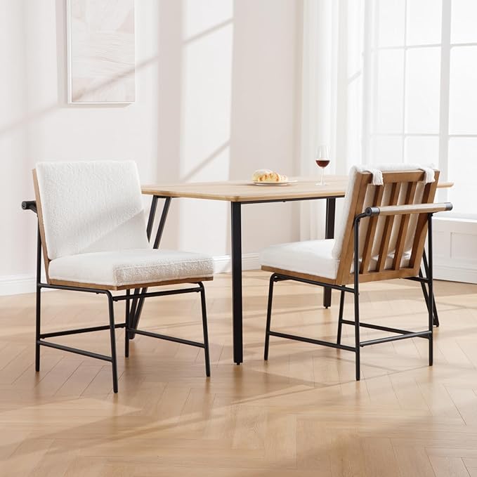 LukeAlon Mid Century Sherpa Dining Chairs Set of 4, Upholstered Square Back Kitchen Chairs with Metal Legs Armless Parsons Chairs with Wood Frame for Dining Room Reception Room, White