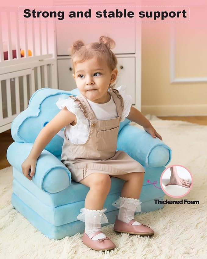 MOONBEEKI Kids Couch Fold Out, Foldable Princess Chair for Toddlers 1-3, Kids Furniture for Playroom, Gift for Birthday Christmas and Halloween, Blue
