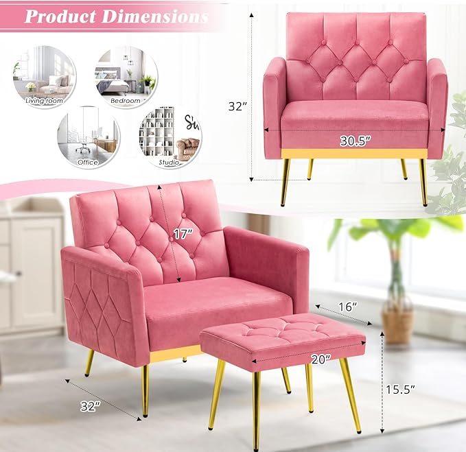 ACMEASE Velvet Accent Chair w/Adjustable Armrests and Backrests, Tufted Single Sofa with Ottoman, Upholstered Reading Chiar for Living Room, Apartment, Bedroom, Pink