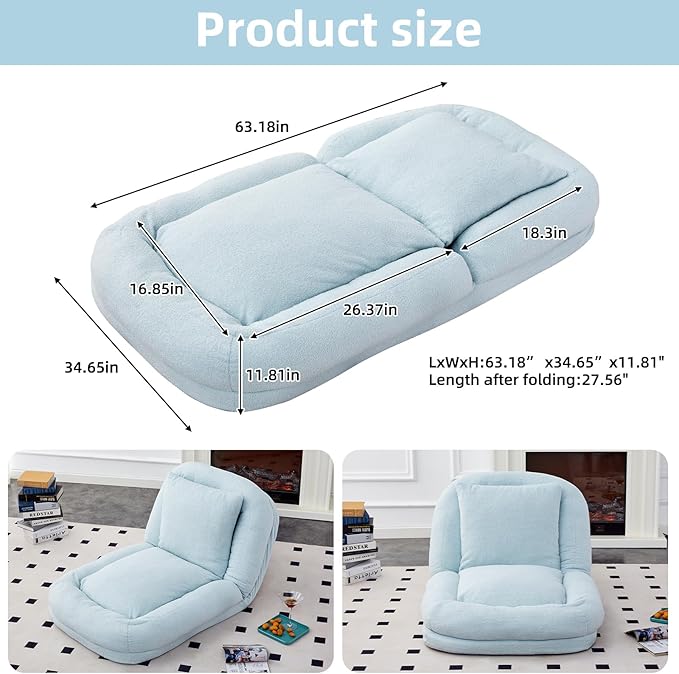 Versatile Light Blue Folding Sofa Chair with 5 Adjustable Positions - Perfect Plush Floor Lounge Chair for Gaming & Relaxation