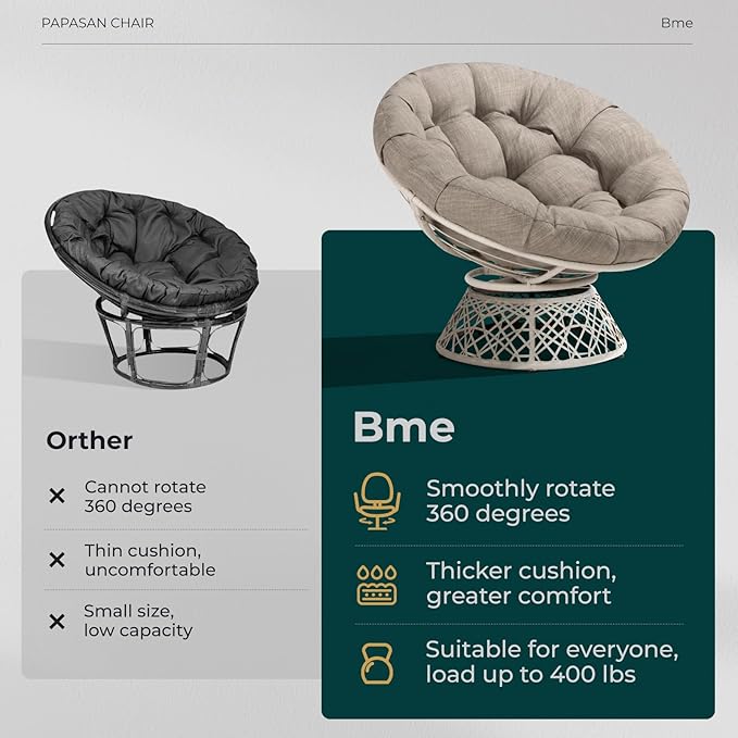 Bme 40" Ergonomic Wicker Papasan Chair with Soft Thick Density Fabric Cushion, High Capacity Steel Frame, 360 Degree Swivel for Living, Bedroom, Reading Room, Lounge