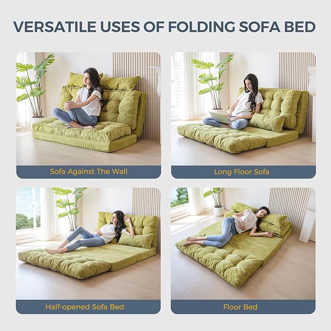 MAXYOYO Bean Bag Bed Tufted Folding Sofa Couch with Pillows Floor Mattress for Adults, Extra Thick and Long Floor Sofa, Full Floor Couch Bed for Bedroom Living Room, Green, 54x91 Inch