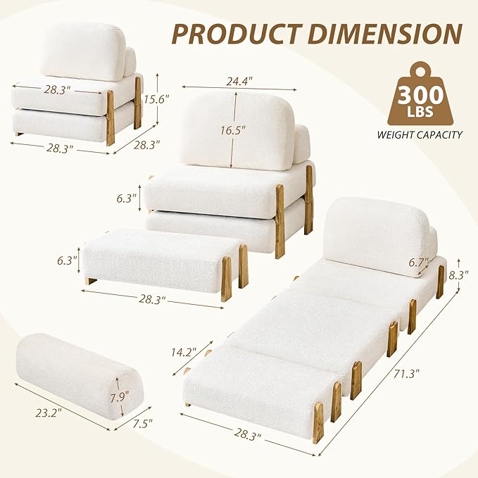 Folding Sofa Bed with Ottoman, 2-in-1 Fold Out Single Sleeper Chair with Wooden Frame, Headrest & Lumbar Pillow, Chenille Boneless Memory-Foam Filled Floor Couch Seating for Living Room Reading, Beige