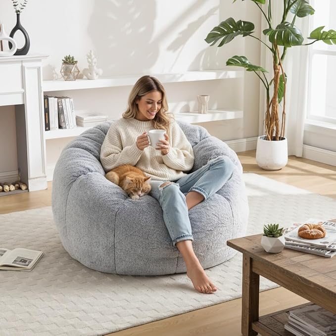 LukeAlon Faux Fur Bean Bag Chair with Filler & Petal Armrest Fluffy Floor Sofa Chair for Adults, 44"×44"×26" Cozy Seating for Bedroom, Living Room, Game Room (Grey)
