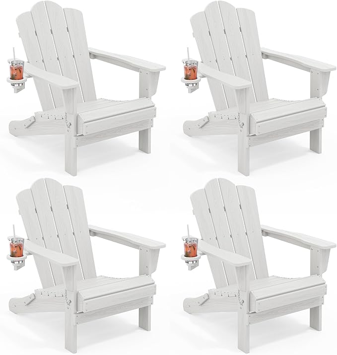 KINGYES Folding Adirondack Chair Set of 4, HDPE All-Weather Patio Chairs with Cup Holder, Wooden Textured Fire Pit Chairs for Poolside, Backyard, Deck, White
