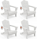 KINGYES Folding Adirondack Chair Set of 4, HDPE All-Weather Patio Chairs with Cup Holder, Wooden Textured Fire Pit Chairs for Poolside, Backyard, Deck, White