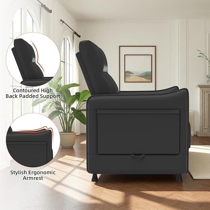 3-Piece Living Room Sofa Set, Faux Leather Loveseat & Accent Chairs Set of 2 with Hidden Foldable Tray & Side Pocket, Front Contour Arm Design, Upholstered Sofa Set for Office, Black