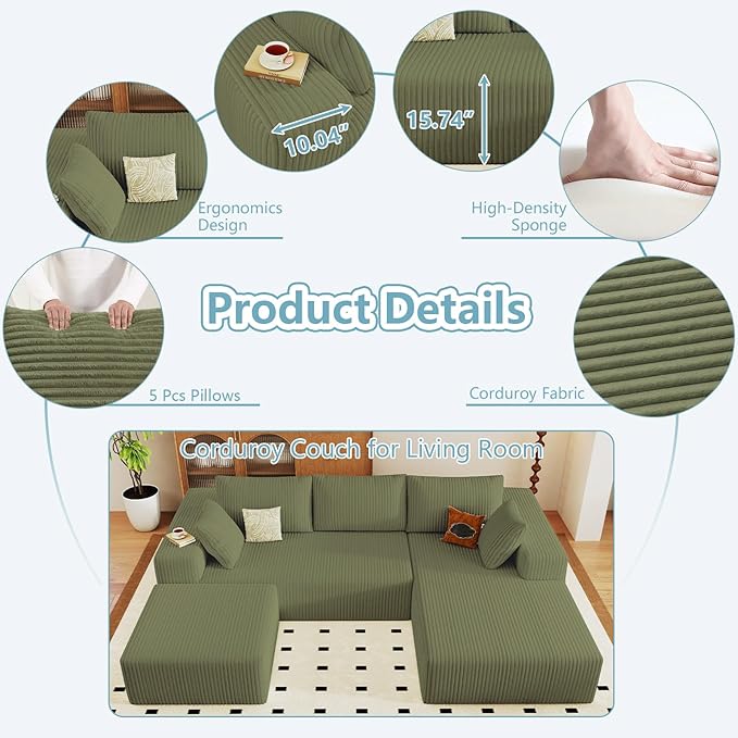 96" W Cloud Sectional Couch with Ottoman,Modern U-Shaped Cloud Couch with Deep Seat,Comfy Corduroy 3-Seater Sofa,Memory Foam Sofa for Living Room,No Assembly (Green,Right-Facing Chaise)