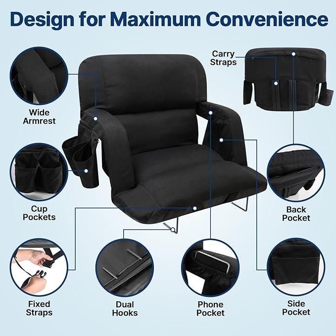 DEKEMASTER Stadium Seats with Back Support, Exclusive Sofa Style Design 23inch Wide Bleacher Chairs with Extra Thick Back and Cushion, 6 Reclining Positions for Sport Events Camping