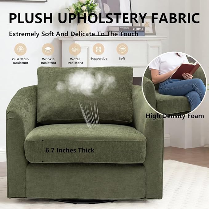 MINCETA Oversized Accent Chair for Living Room, 360° Swivel Barrel Chair with High Density Foam, Modern Glider Chair with Performance Fabric Upholstered Armchair for Apartment, Bedroom Green