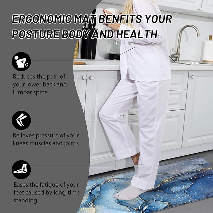Blue Kitchen Rugs Set of 2 Kitchen Mats Cushioned Anti Fatigue Abstract Gold Marble Kitchen Mat Waterproof Non Slip Comfort Memory Foam Standing Mat for Kitchen Floor