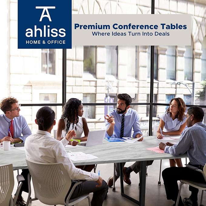 ahliss Sturdy Conference Table with Cable Management Grommets Modern Rectangle Office Meeting Table with Wood Tabletop and Metal Frame & Legs- Easy Assembly Boardroom Table (White Marble, 12 Foot)