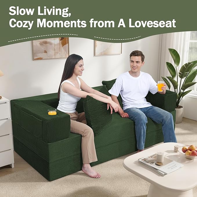 COMAX Futon Sofa Bed Queen, 79" Convertible Sofa Bed Couches for Living Room, 4 in 1 Folding Boneless Sleeper Corduroy Couch Loveseat Foam In a Box, Foldable Comfy Lounge Fold Out Floor Mattress Green