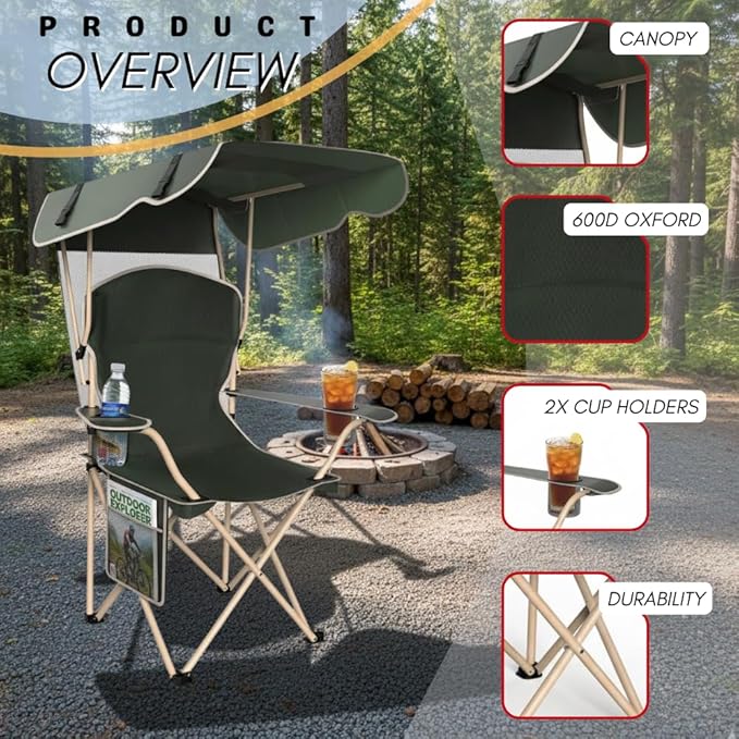 CozyBox Portable Folding Camping Chairs with Canopy Shade, Beach Chair for Adults, Durable Weather Resistant 600D Oxford Cloth, Camping Chair with Canopy for Outdoors [Olive Green-2 Pack]