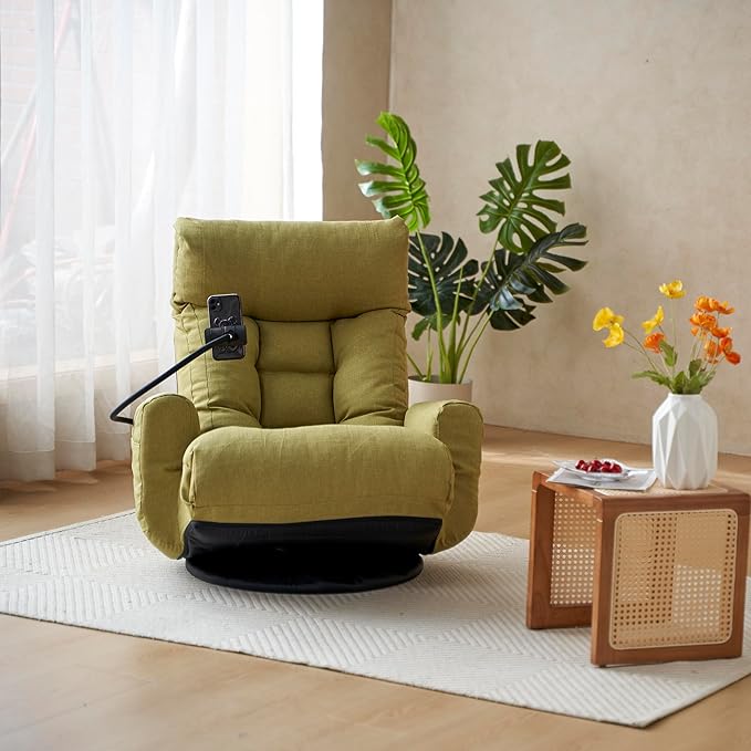 Lounge Sofa Chair with Side Pocket Armrests & Phone Holder. Gaming Chair for TV, Reading,Video,Games.Indoor Floor Chaise in Livingroom, Bedroom.Adjustable Foldable Backres&360° Swivel (Green1)