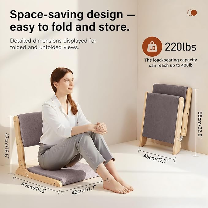 Tiita Floor Chair with Back Support, Foldable Meditation Tatami Chairs, Backrest Chair with Cushion, Living Room Chair Seat 4 Pack, Wood Grey