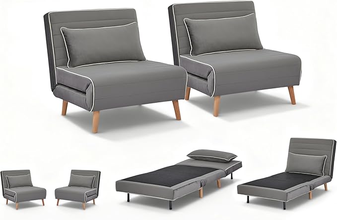 CITTANEO 2 Sets 32" Convertible Sleeper Chair, 3-in-1 Folding Sleeper Chair with Adjustable Backrest and Pillows, 2-Piece Sofa Bed Sets for Living Room, Apartment, Office, Gray