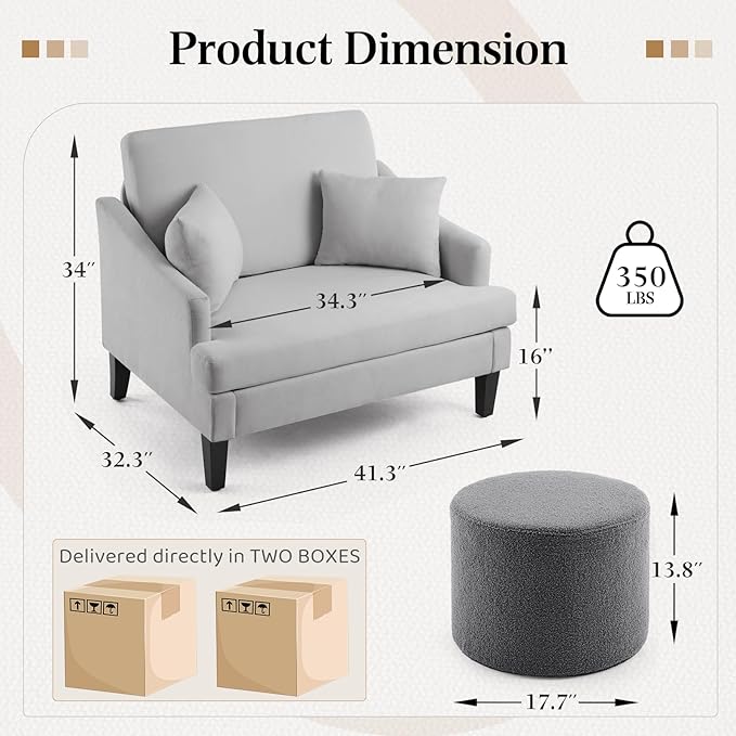 Bezseller Oversized Accent Chair with Ottoman - 33.5'' Wide Seat Comfy Armchair and 2 Pillows, Upholstered Big Reading Chair, Modern Single Sofa Chair for Living Room Bedroom Office, Grey/Grey