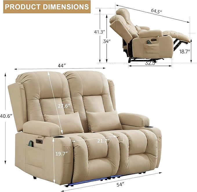 URRED Loveseat Recliner Sofa with Massage and Heat, Power Reclining Loveseat Sofa RV Couch Home Theater Seating with LED Lights, Cup Holders, Side Pockets, USB, Pillows, Leathaire Beige