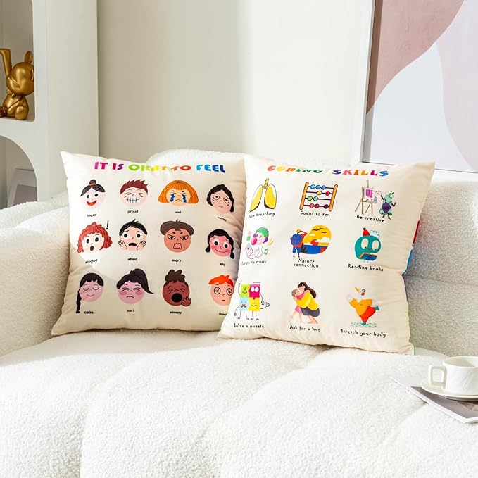 B BBPM Classroom Decor Throw Pillow Covers Set of 2 - Calming Corner School Counselor Office Mental Health Decor Calm Down Corner Supplies Cozy Corner Feelings Pillow Therapy Office Decor 18x18 Cream