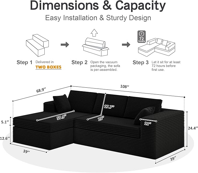 luckyvo 108-inch Boneless Couch for Living Room，Comfy Boneless Sofa with Deep Seats & Chaise Lounge, 3-Seat Modular Sofa Memory Foam Sectional Couches - No Assembly Required(Dark Black)