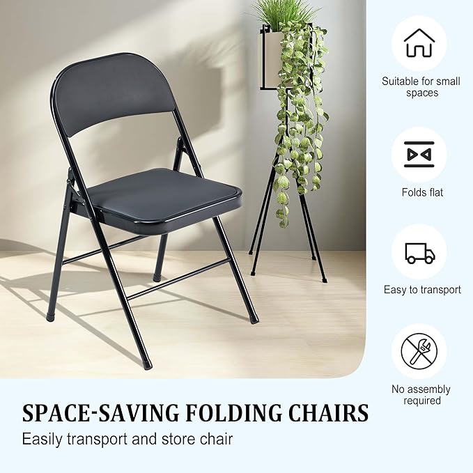 10 Pack Black Folding Chairs, Portable Heavy Duty Metal Frame Commercial Seat with Padded Cushion and Back, Foldable Outdoor Chairs for Party Kitchen Dining Events Wedding, 330 LBS Capacity