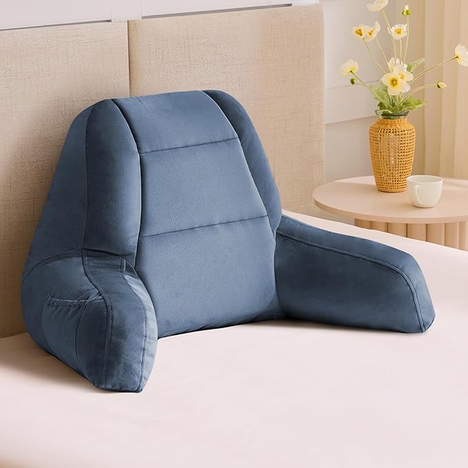 IASEAHK Reading Pillows for Sitting in Bed Adult, Back Pillow for Bed Sitting Up, Backrest Pillows with Shredded Foam for Adult&Teens, Support Pillow with Arms for Beds, Couch, Floor, 18in, Navy Blue