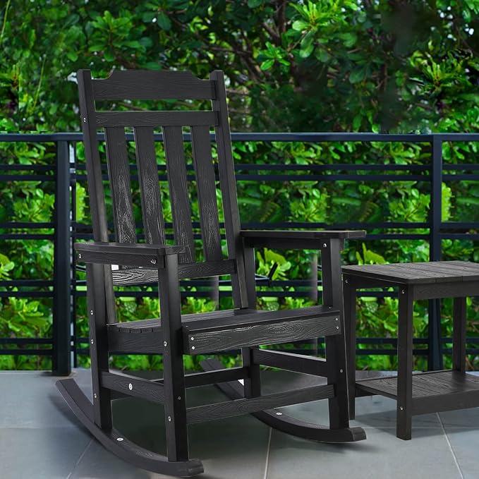 hOmeQomi Rocking Chairs Set of 2, All Weather Resistant Poly Lumber Outdoor Porch Rocker, Rocking Chairs for Outdoor, Indoor, Patio, Deck, Garden, Backyard, Load Bearing 380 lbs - Black