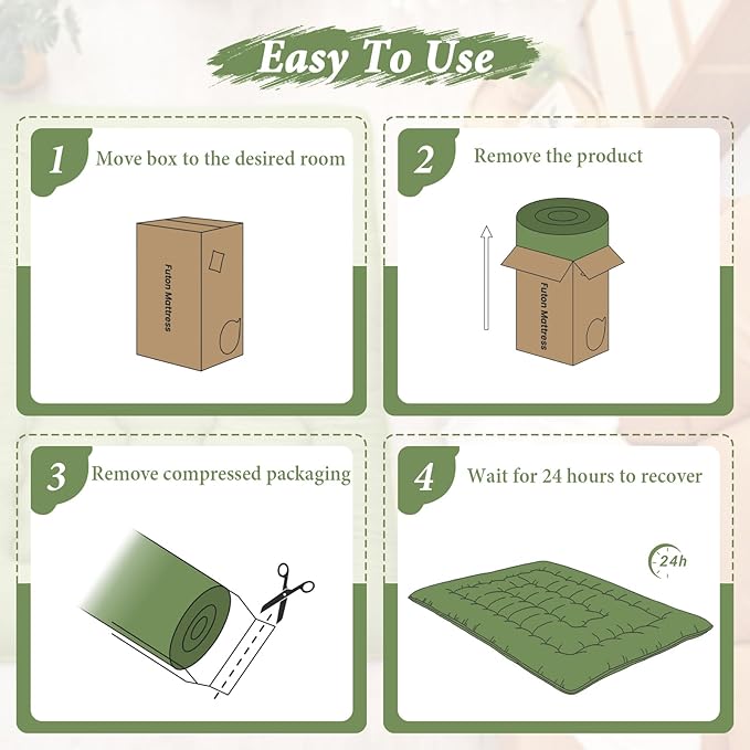 DAICO Japanese Floor Mattress, 4'' Thicken Futon Mattress Tatami Mat, Sleeping Pad Foldable Roll Up Mat for Camping and Guest Room, Queen Size 60''*80'', Green