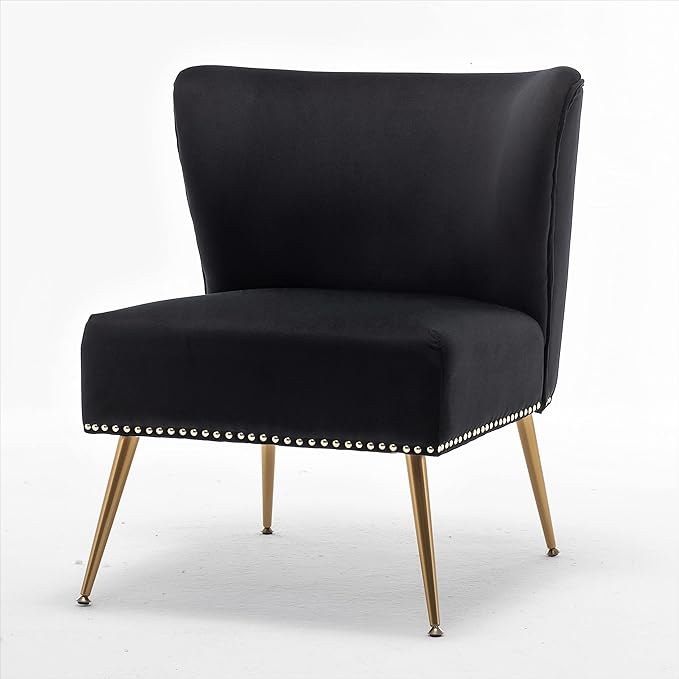 Container Furniture Direct Thia Armless Velvet Accent Chair for Living Room, Elegant Seat with Nailhead Trim, Gold Metal Legs and Comfortable Curved Back, 28" D x 25" W x 29.5" H, Black