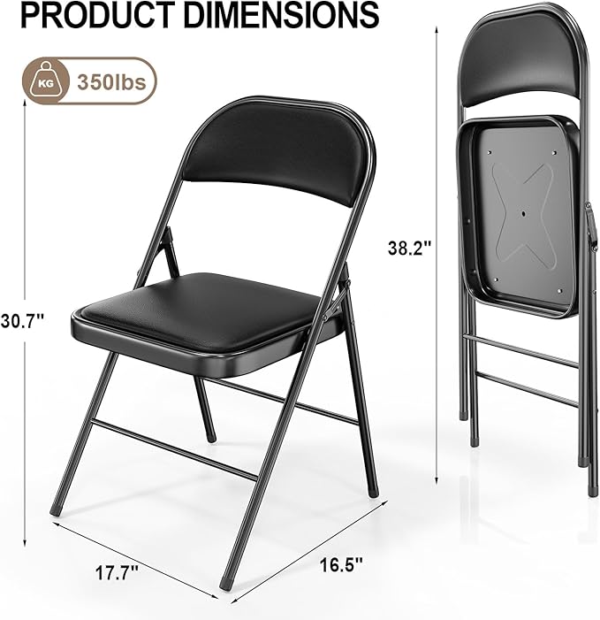 VINGLI 2 Pack Folding Chairs with Padded Seats, Metal Frame with Pu Leather Seat & Back, Capacity 350 lbs, Set of 2, Black
