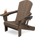KINGYES Folding Adirondack Chair with Dual Cup Holders - HDPE All-Weather Outdoor Chairs, Wood-Like Patio Chair for Backyard, Camping, Pool & Fire Pit, Coffee