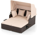 RELAX4LIFE Wicker Patio Outdoor Daybed, Rattan Day Bed Lounger w/Loveseat & Storage Ottoman, Sunbed Sofa Set w/Cushions, 4-Level Adjustable Backrest & 2 Retractable Trays (Beige-Mix Brown)