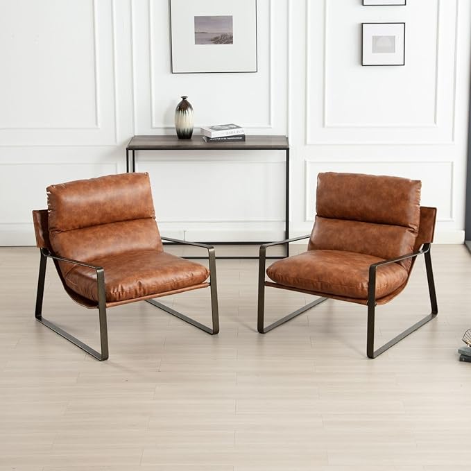 LukeAlon Modern PU Leather Accent Armchair, Upholstered Lounge Chair with Brass Metal Frame Thickened Cushion Comfy Leisure Chair with Lychee Grain for Bedroom Living Room, Brown