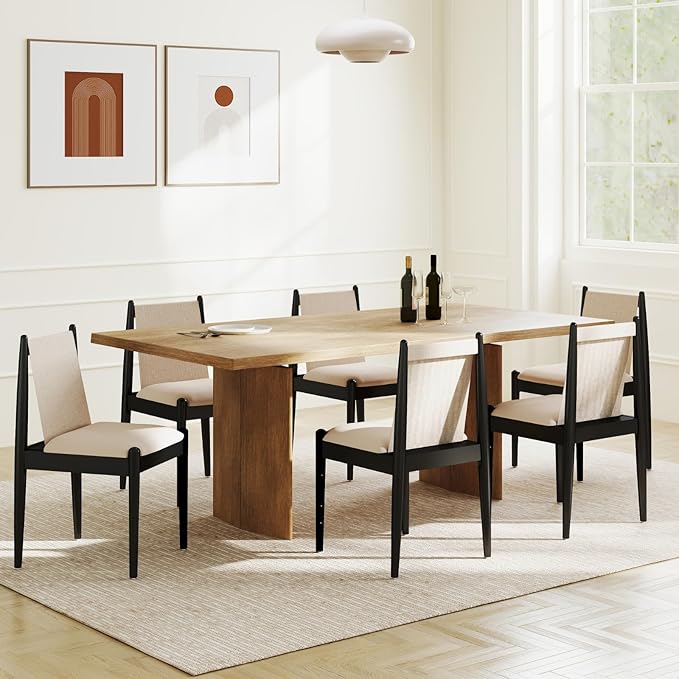 DUOMAY Modern Upholstered Linen Beige Dining Chairs Set of 2, Wooden Armless Chairs with Padded Seat Cushion and Sturdy Frame for Dining Room, Restaurant, Living Room, Kitchen, Black Leg