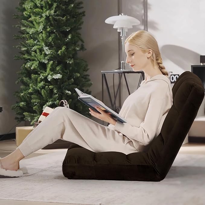 Floor Chair, 24 inches Wide Oversized Velvet Armless Lay Flat Floor seat Padded Meditation Chair with 6 Adjustable Position Ergonomic Comfortable Convenient(LRSF-015-BROWN)