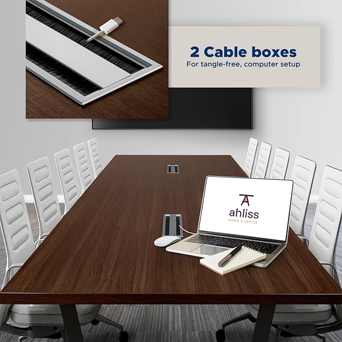 ahliss Sturdy Conference Table with Cable Management Grommets Modern Rectangle Office Meeting Table with Wood Tabletop and Metal Frame & Legs- Easy Assembly Boardroom Table (Dark Brown, 10 Foot)