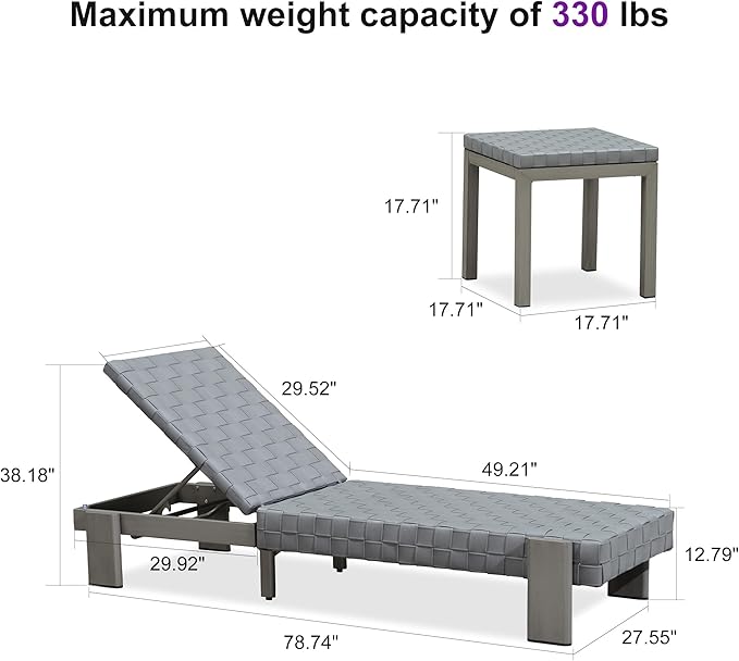 PURPLE LEAF Patio Lounge Chair Modern Outdoor PU Leather Style Chaise Lounge 1 Piece with Side Table Adjustable Backrest Aluminum Luxury Chaise Lounge Chairs for Pool Garden Backyard Beach, Grey